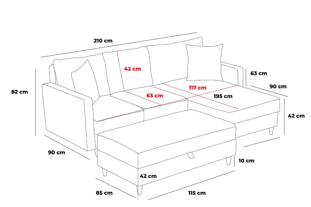 Coltar cu Sezlong Stanga si  Puff Asi Home Eva, Gri, 210X82X195cm