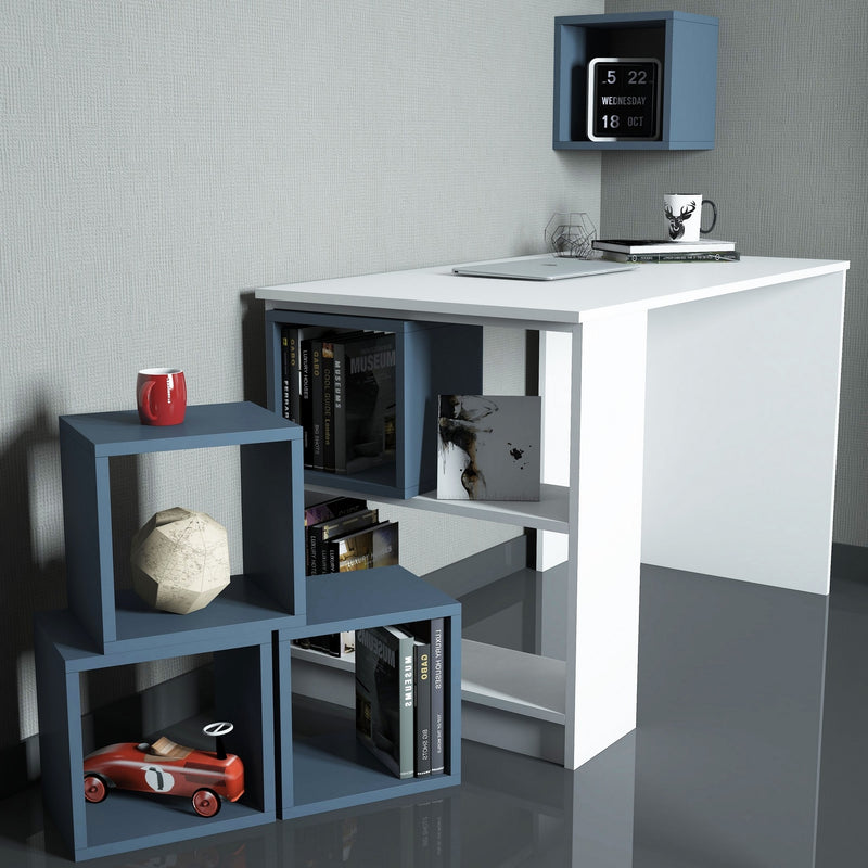 Set Birou și Etajera-Raft pentru carti Asi Home Box - White, Blue, Alb/
Albastru, 120x75x65/80x170x22/30x30x24cm