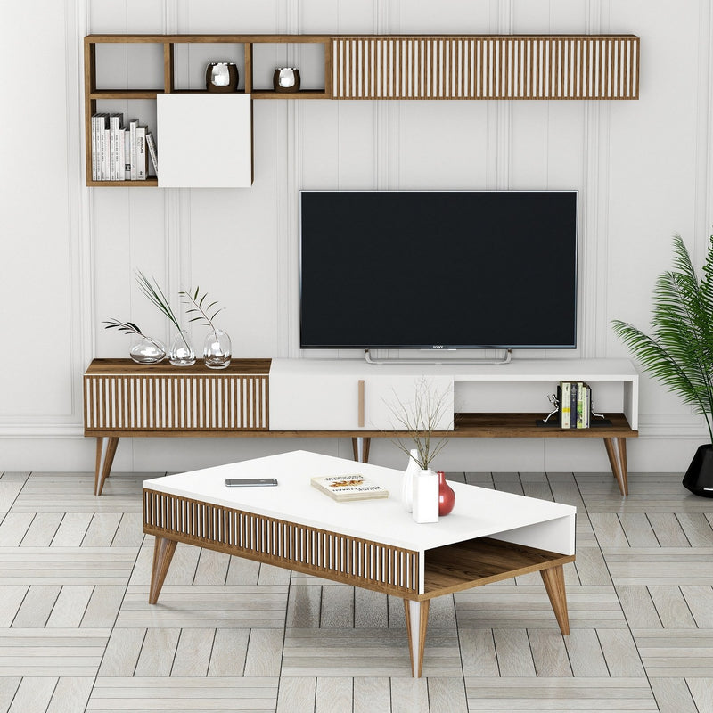 Set Mobila Living Asi Home Milan Set, Comoda TV 180cmx 40cmx35cm, Raft de Perete 180cmx48,6cmx20cm, Masuta Cafea 105cmx34,6cmx60cm, Nuc/Alb