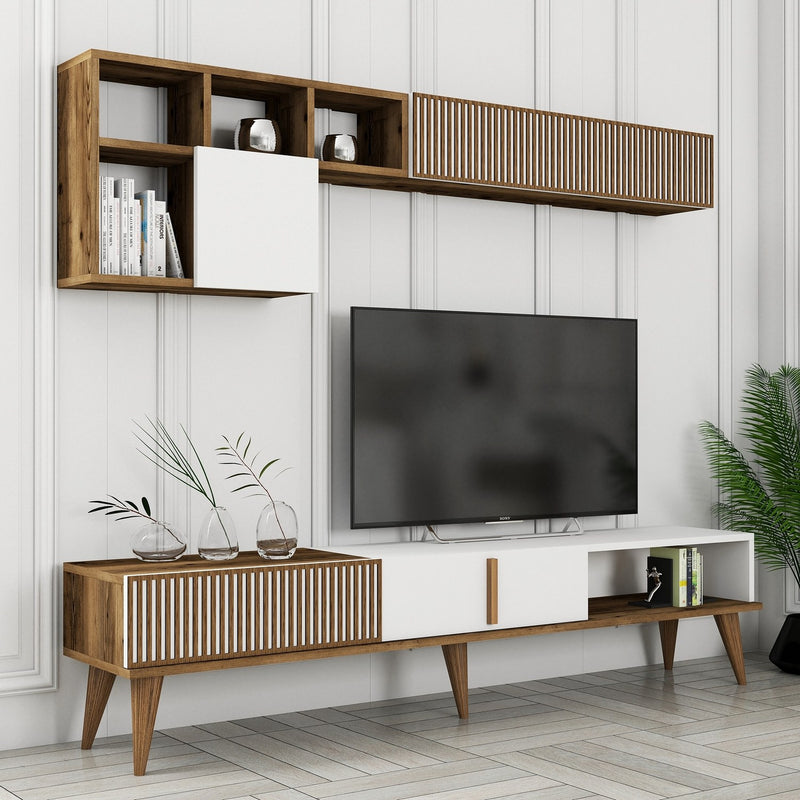 Set Mobila Living Asi Home Milan Set, Comoda TV 180cmx 40cmx35cm, Raft de Perete 180cmx48,6cmx20cm, Masuta Cafea 105cmx34,6cmx60cm, Nuc/Alb