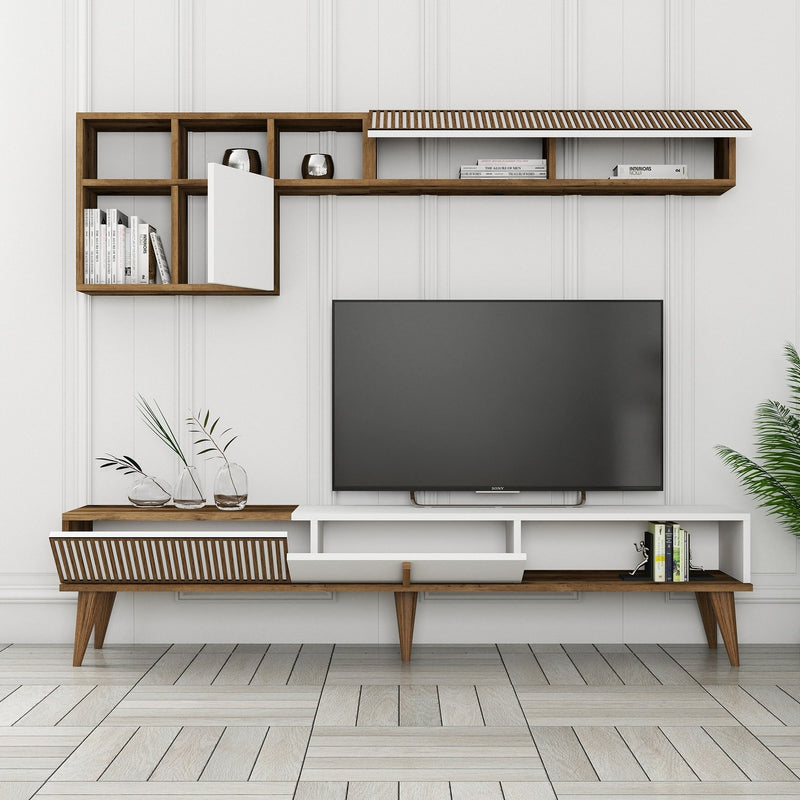 Set Mobila Living Asi Home Milan Set, Comoda TV 180cmx 40cmx35cm, Raft de Perete 180cmx48,6cmx20cm, Masuta Cafea 105cmx34,6cmx60cm, Nuc/Alb