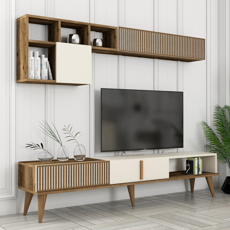Set Mobila Living Asi Home Milan Set, Comoda TV 180cmx 40cmx35cm, Raft de Perete 180cmx48,6cmx20cm, Masuta Cafea 105cmx34,6cmx60cm, Nuc/Crem