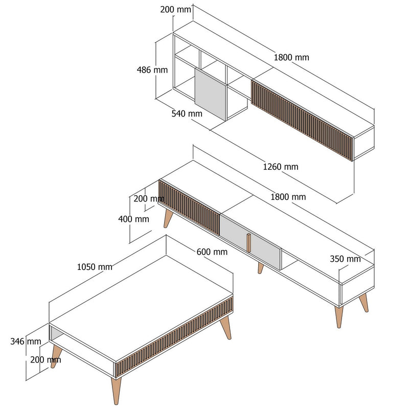 Set Mobila Living Asi Home Milan Set, Comoda TV 180cmx 40cmx35cm, Raft de Perete 180cmx48,6cmx20cm, Masuta Cafea 105cmx34,6cmx60cm, Nuc/Antracit