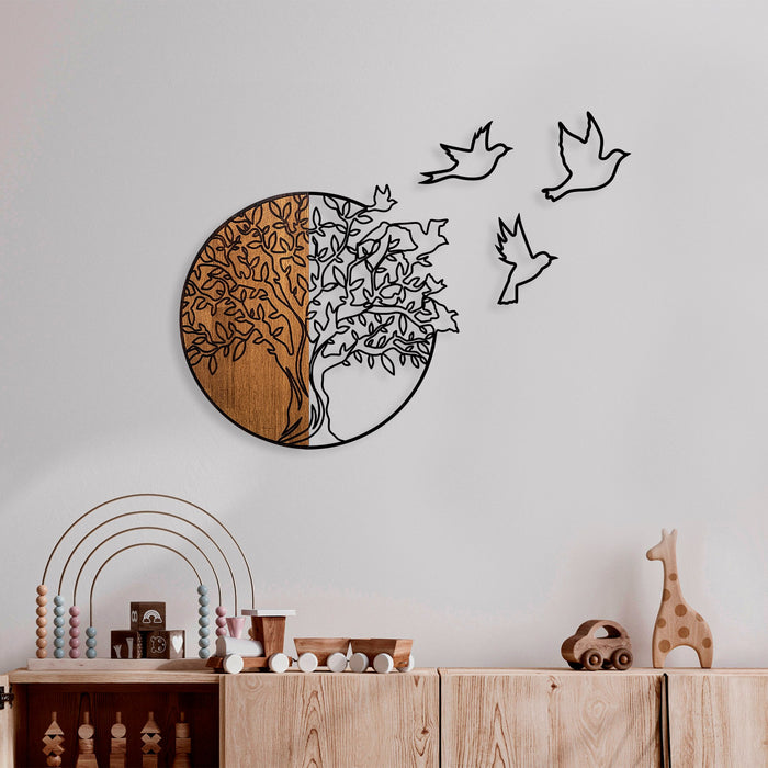 Decoratiune de Perete din Lemn Asi Home Tree And Birds 2, 60 x 56 cm