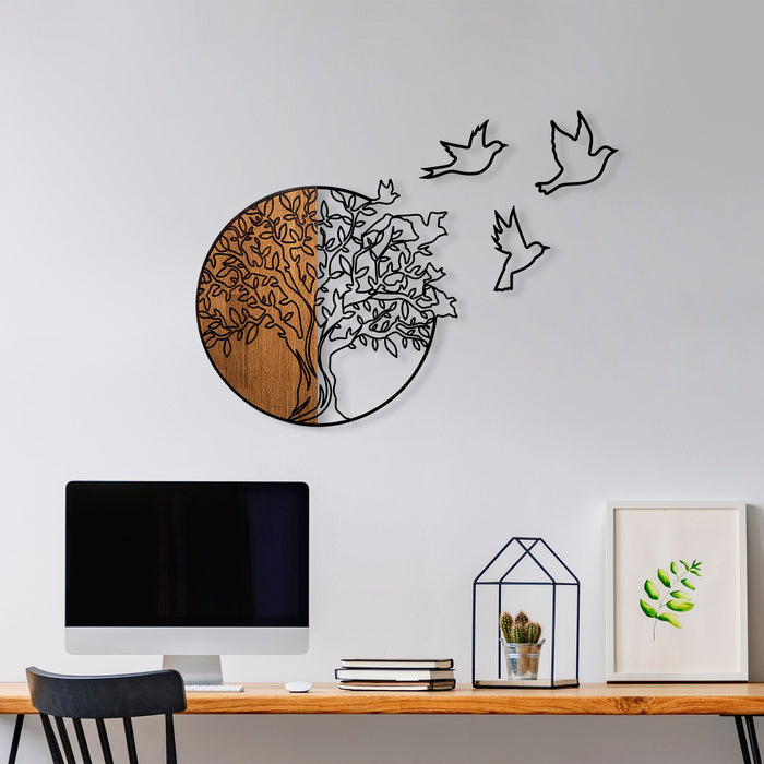 Decoratiune de Perete din Lemn Asi Home Tree And Birds 2, 60 x 56 cm