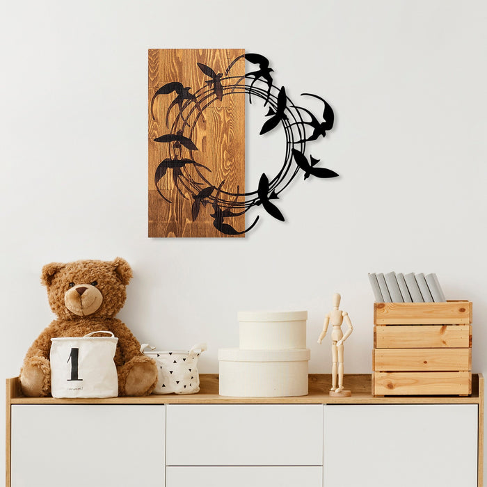 Decoratiune de Perete din Lemn Asi Home Spiral Birds 1, 58 x 58 cm