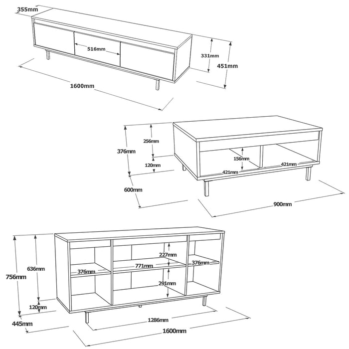 Set Mobila Sufragerie / Living Asi Home LV34-KL, Stejar/
Negru, 160x45x35/90x37x60/160x75x45cm