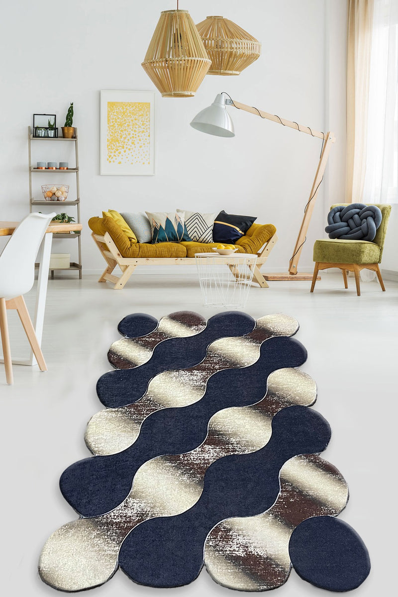 Covor Asi Home Circle - Gold, 80 x 150cm, Poliester, Auriu- Albastru Inchis- Bej