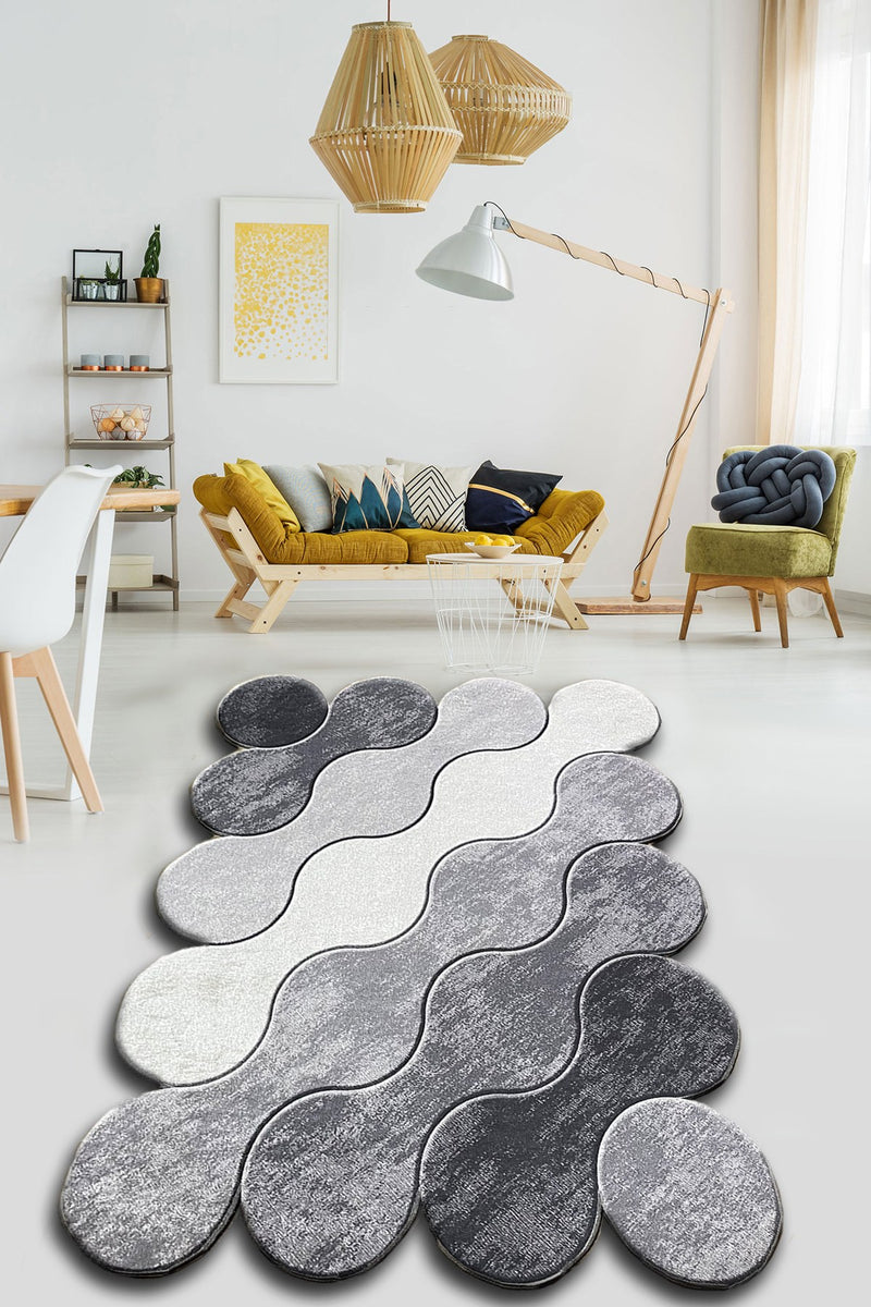 Covor Asi Home Circle - Grey, 80 x 120cm, Poliester, Gri Inchis Gri Alb